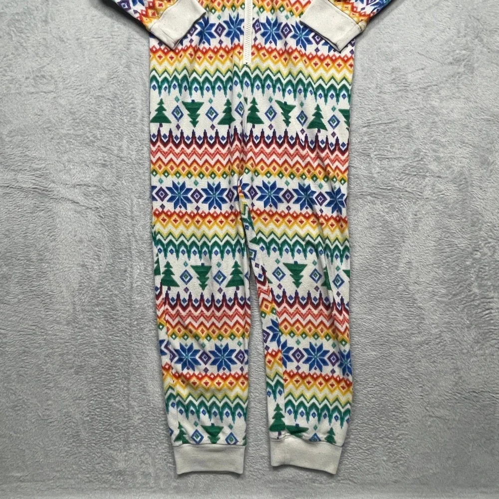 Old Navy One Piece Pajamas Unisex Kids M 8 White Rainbow Fair Isle Holiday Zip